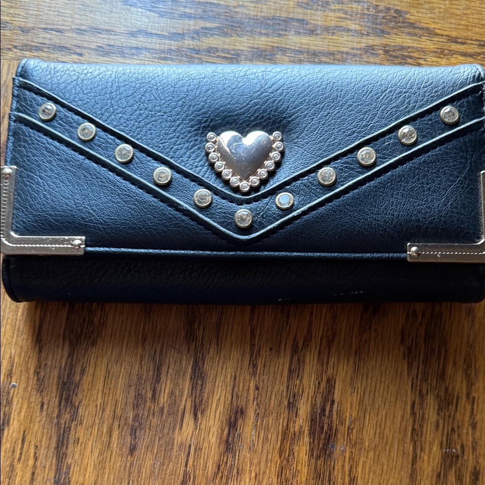 Studded Heart Accent Black Women's Wallet